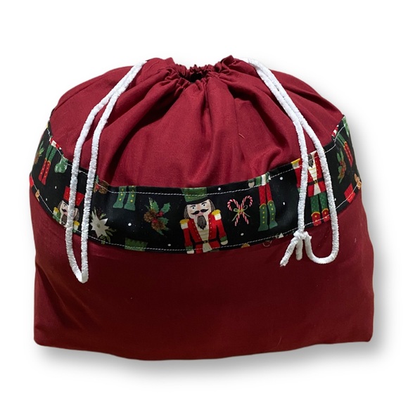 Handmade, Brick Maroon Red Christmas Nutcracker Pull string Fabric Tote Bag Sack - Picture 2 of 7